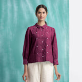 Magenta Mirror Work Yarn-Dyed Cotton Blouse Top