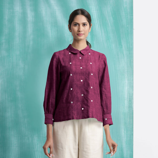 Magenta Mirror Work Yarn-Dyed Cotton Blouse Top