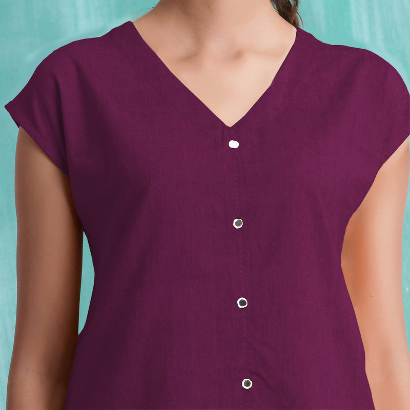 Magenta Mirror Work Yarn-Dyed Cotton Drop Shoulder Top