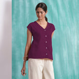Magenta Mirror Work Yarn-Dyed Cotton Drop Shoulder Top