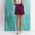 Magenta Mirror Work Yarn-Dyed Cotton Mid-Rise Elasticated Shorts