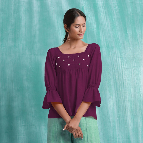Magenta Mirror Work Yarn-Dyed Cotton Poet Sleeves Yoked Top