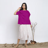 Front View of a Model wearing Magenta Round Neck Linen Loose Gathered Yoke Top