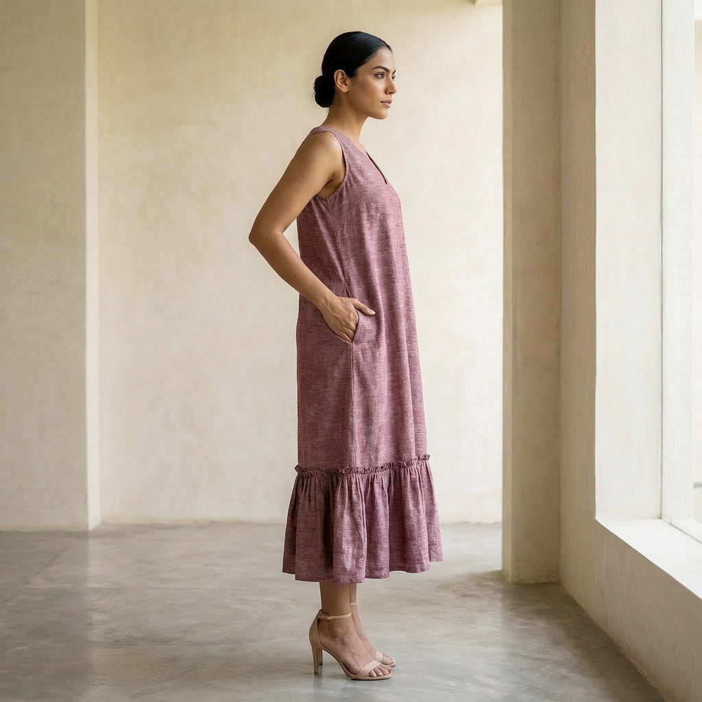 Magenta Yarn-Dyed Cotton A-Line V-Neck Sleeveless Maxi Tier Dress