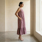 Magenta Yarn-Dyed Cotton A-Line V-Neck Sleeveless Maxi Tier Dress