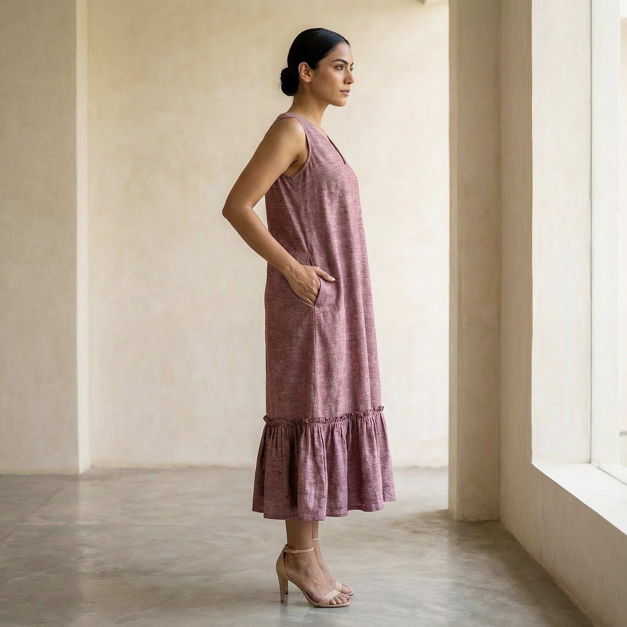 Magenta Yarn-Dyed Cotton A-Line V-Neck Sleeveless Maxi Tier Dress