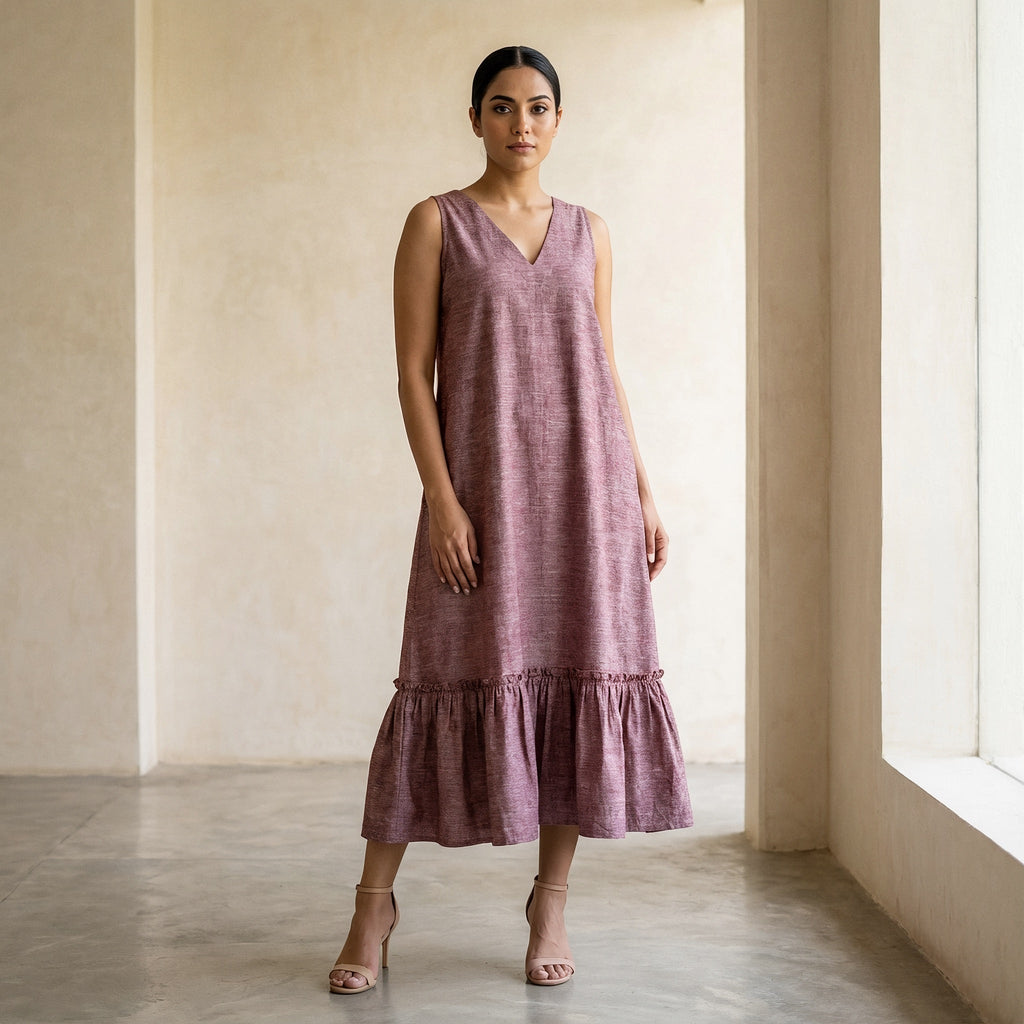 Magenta Yarn-Dyed Cotton A-Line V-Neck Sleeveless Maxi Tier Dress