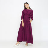Magenta Yarn Dyed Cotton Ankle Length Pleated Flared Dress