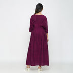 Magenta Yarn Dyed Cotton Ankle Length Pleated Flared Dress