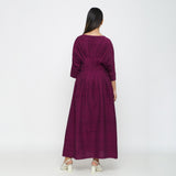 Magenta Yarn Dyed Cotton Ankle Length Pleated Flared Dress