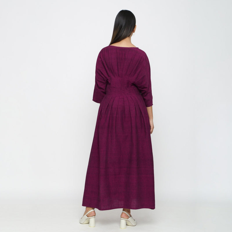 Magenta Yarn Dyed Cotton Ankle Length Pleated Flared Dress