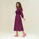 Magenta Yarn-Dyed Cotton Button-Down Yoked Maxi Dress