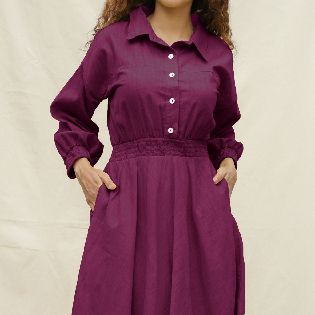 Magenta Yarn-Dyed Cotton Button-Down Yoked Maxi Dress