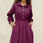 Magenta Yarn-Dyed Cotton Button-Down Yoked Maxi Dress