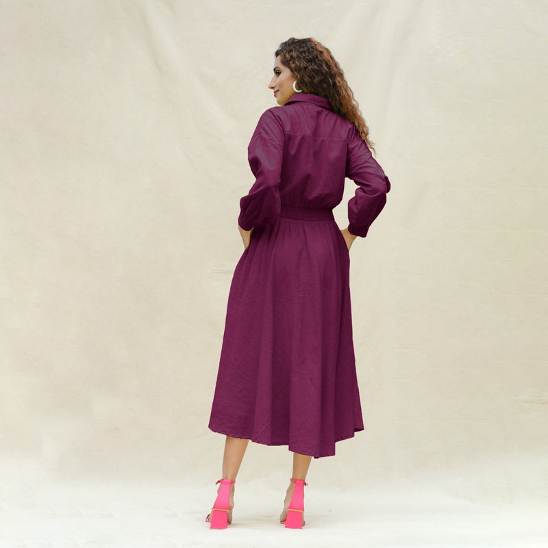 Magenta Yarn-Dyed Cotton Button-Down Yoked Maxi Dress