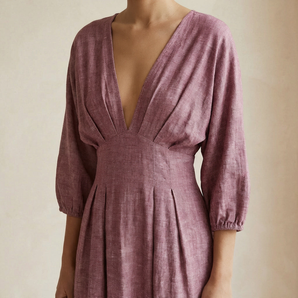 Magenta Yarn-Dyed Cotton Deep-V Neck Empire Waist Maxi Dress