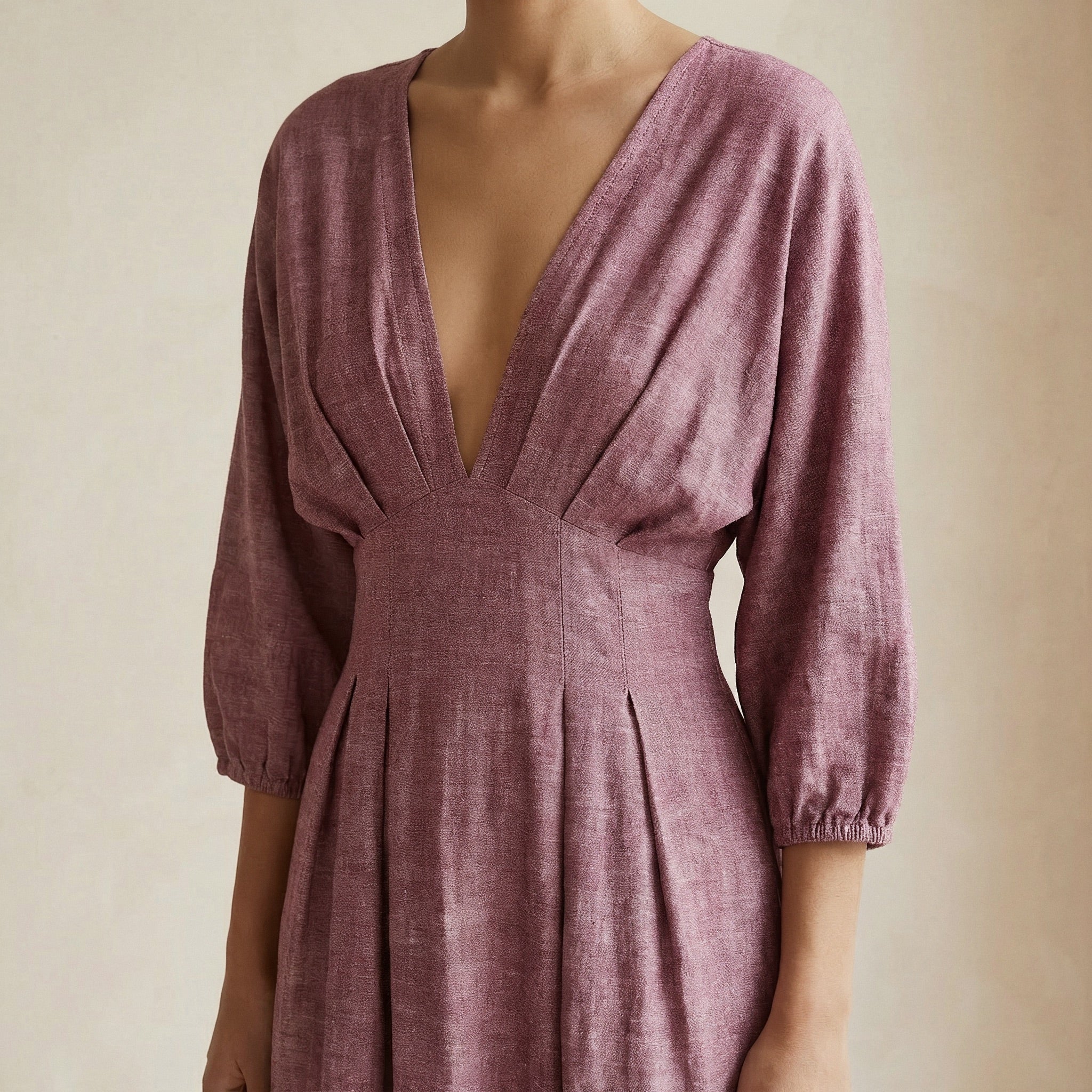 Magenta Yarn-Dyed Cotton Deep-V Neck Empire Waist Maxi Dress