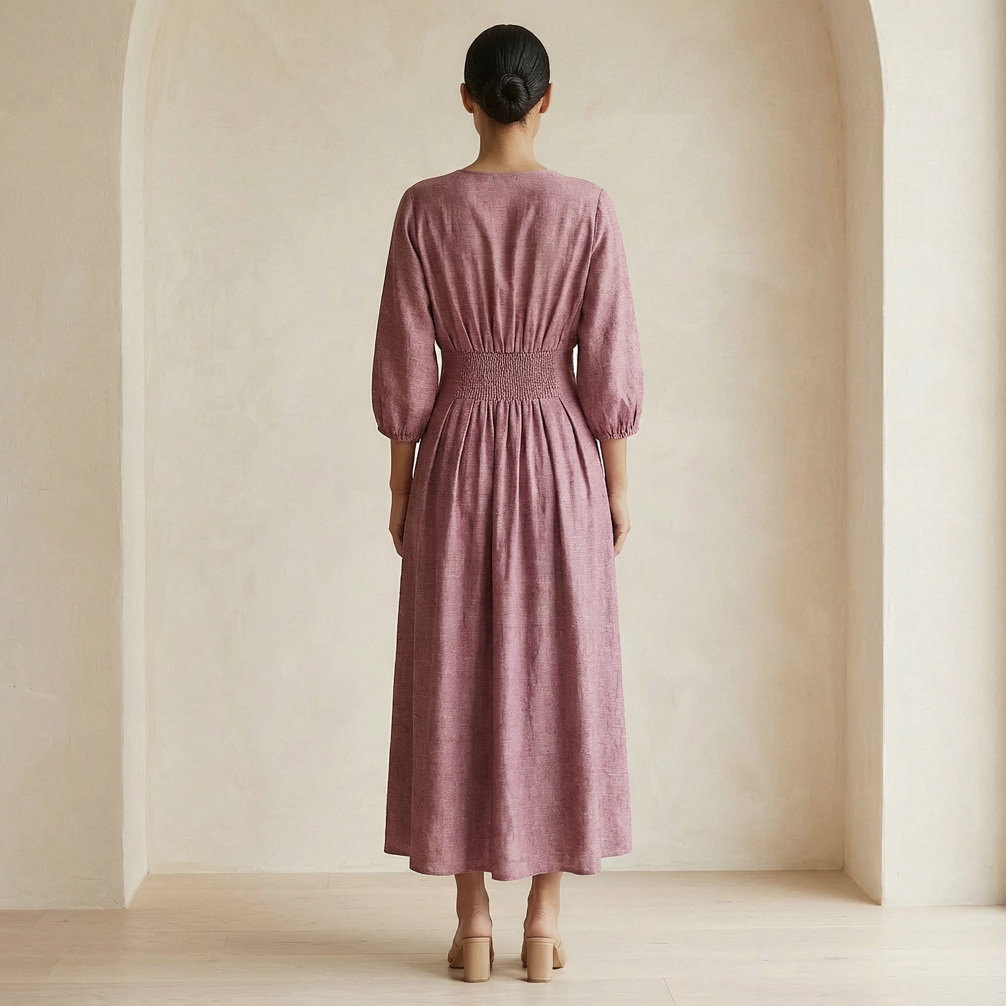 Magenta Yarn-Dyed Cotton Deep-V Neck Empire Waist Maxi Dress