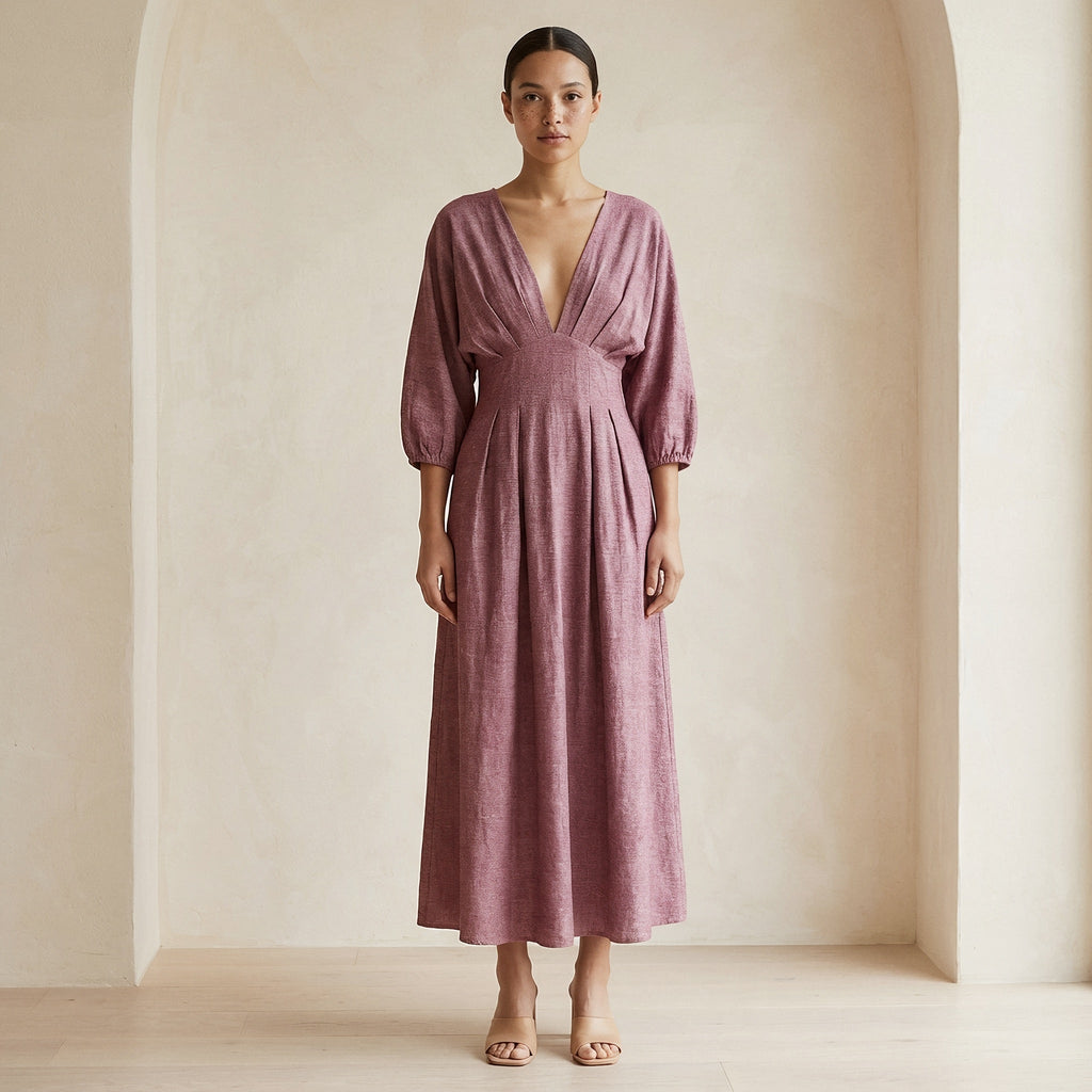 Magenta Yarn-Dyed Cotton Deep-V Neck Empire Waist Maxi Dress