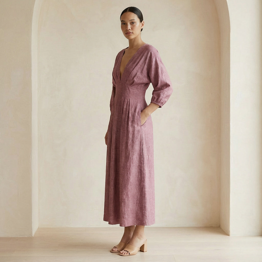 Magenta Yarn-Dyed Cotton Deep-V Neck Empire Waist Maxi Dress
