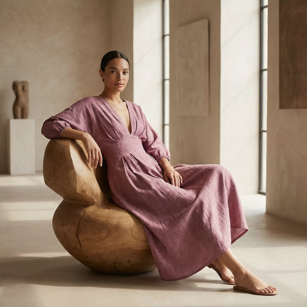 Magenta Yarn-Dyed Cotton Deep-V Neck Empire Waist Maxi Dress