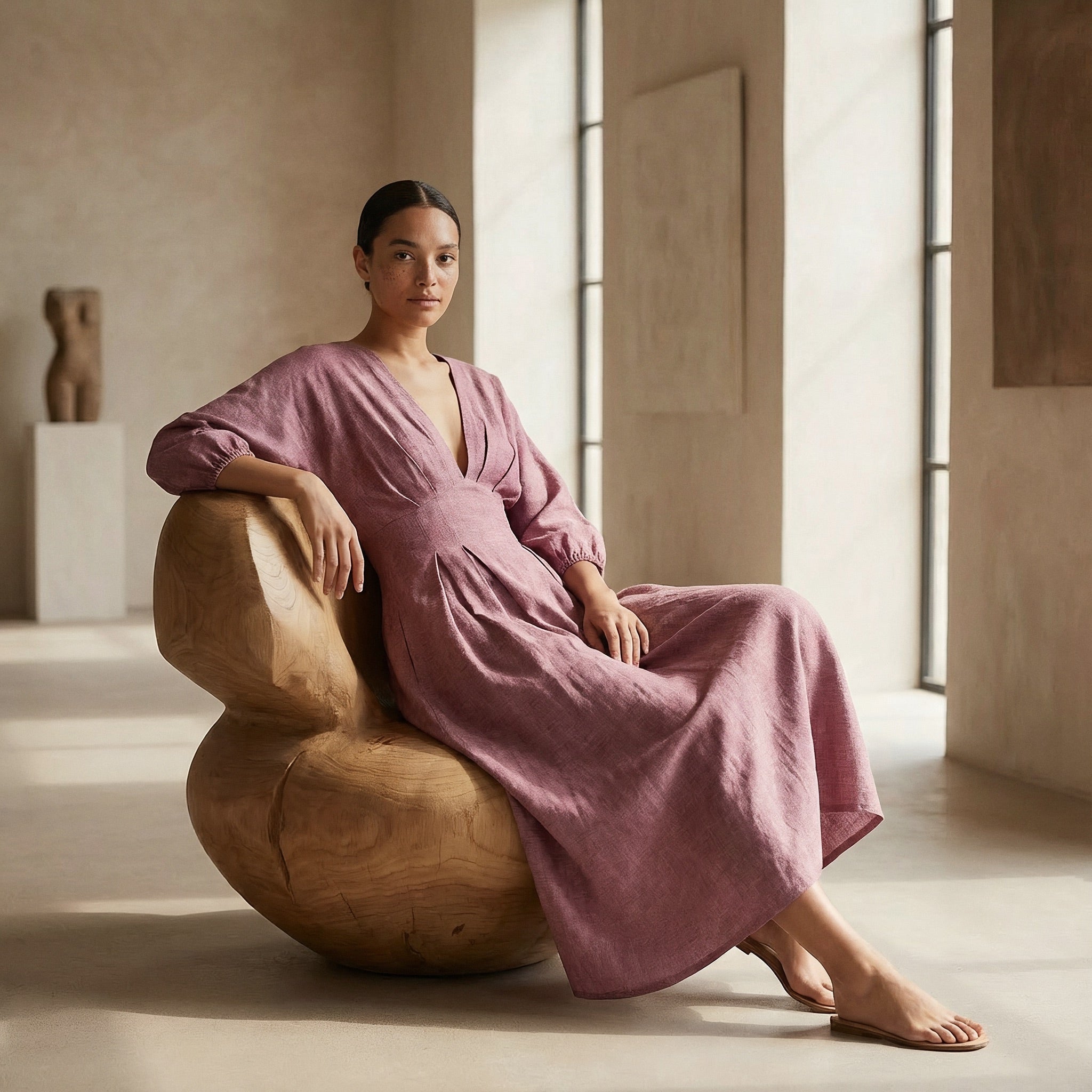 Magenta Yarn-Dyed Cotton Deep-V Neck Empire Waist Maxi Dress