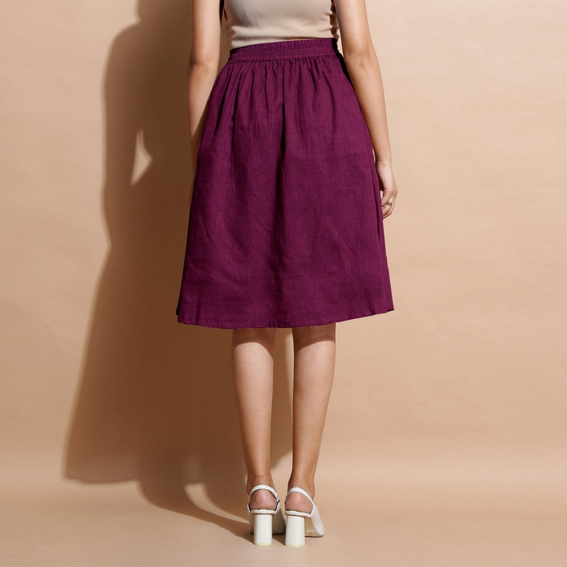 Magenta Yarn-Dyed Cotton Flared Elasticated Knee Length Skirt