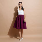 Magenta Yarn-Dyed Cotton Flared Elasticated Knee Length Skirt