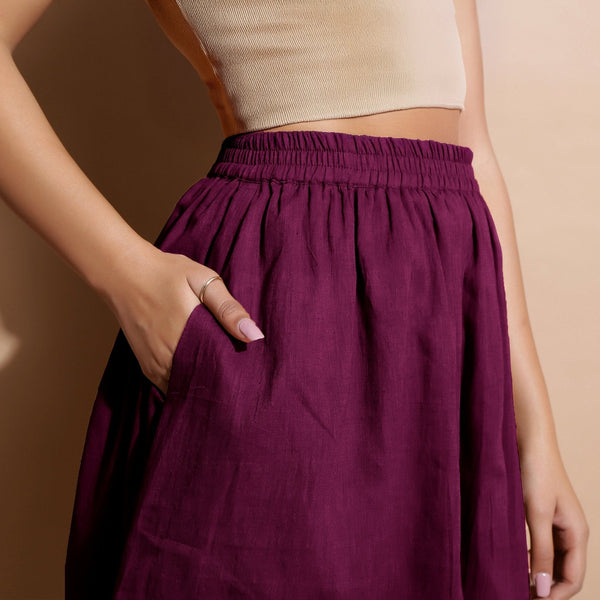 Magenta Yarn-Dyed Cotton Flared Elasticated Knee Length Skirt