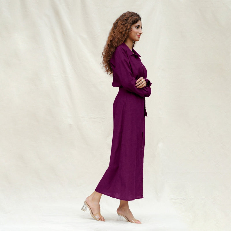 Magenta Yarn-Dyed Cotton Pleated Button-Down Maxi Dress