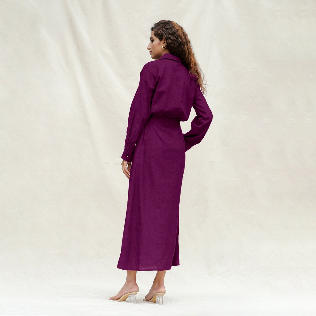 Magenta Yarn-Dyed Cotton Pleated Button-Down Maxi Dress