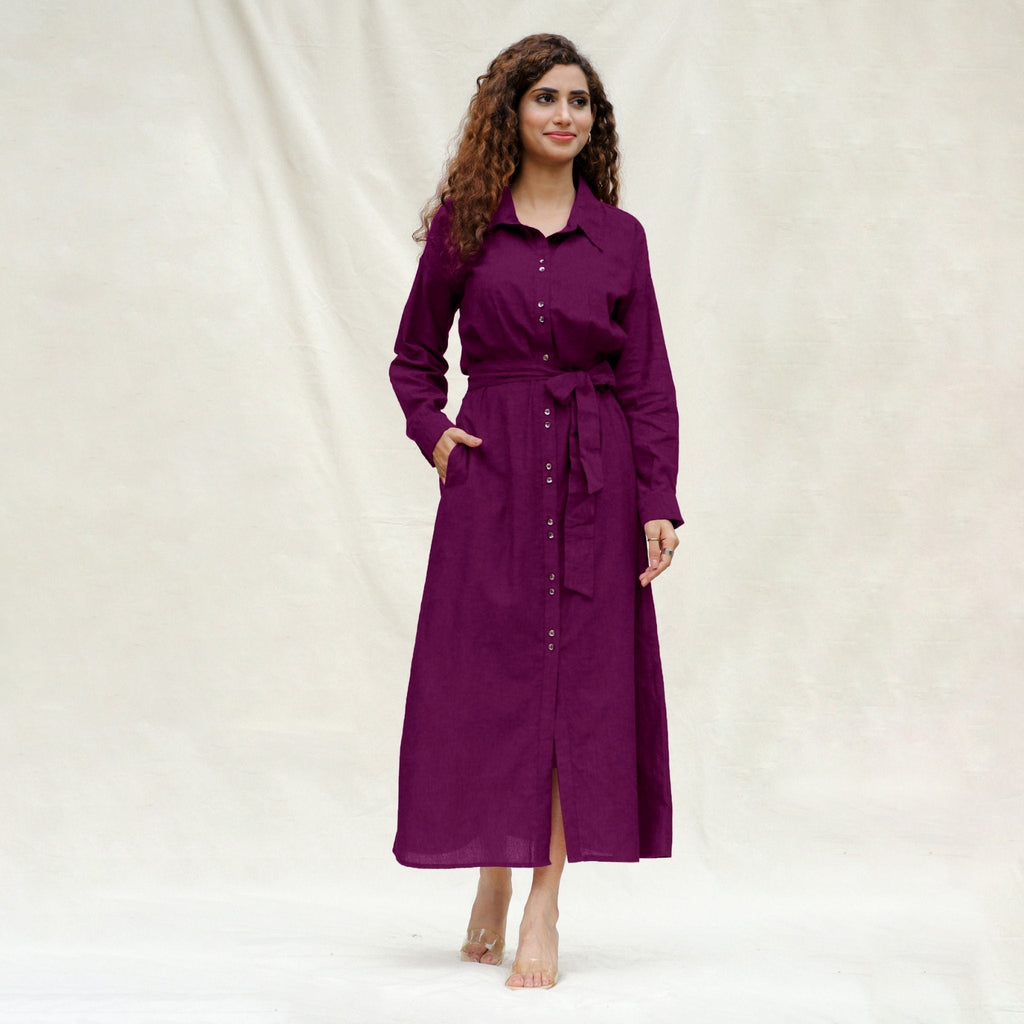 Magenta Yarn-Dyed Cotton Pleated Button-Down Maxi Dress
