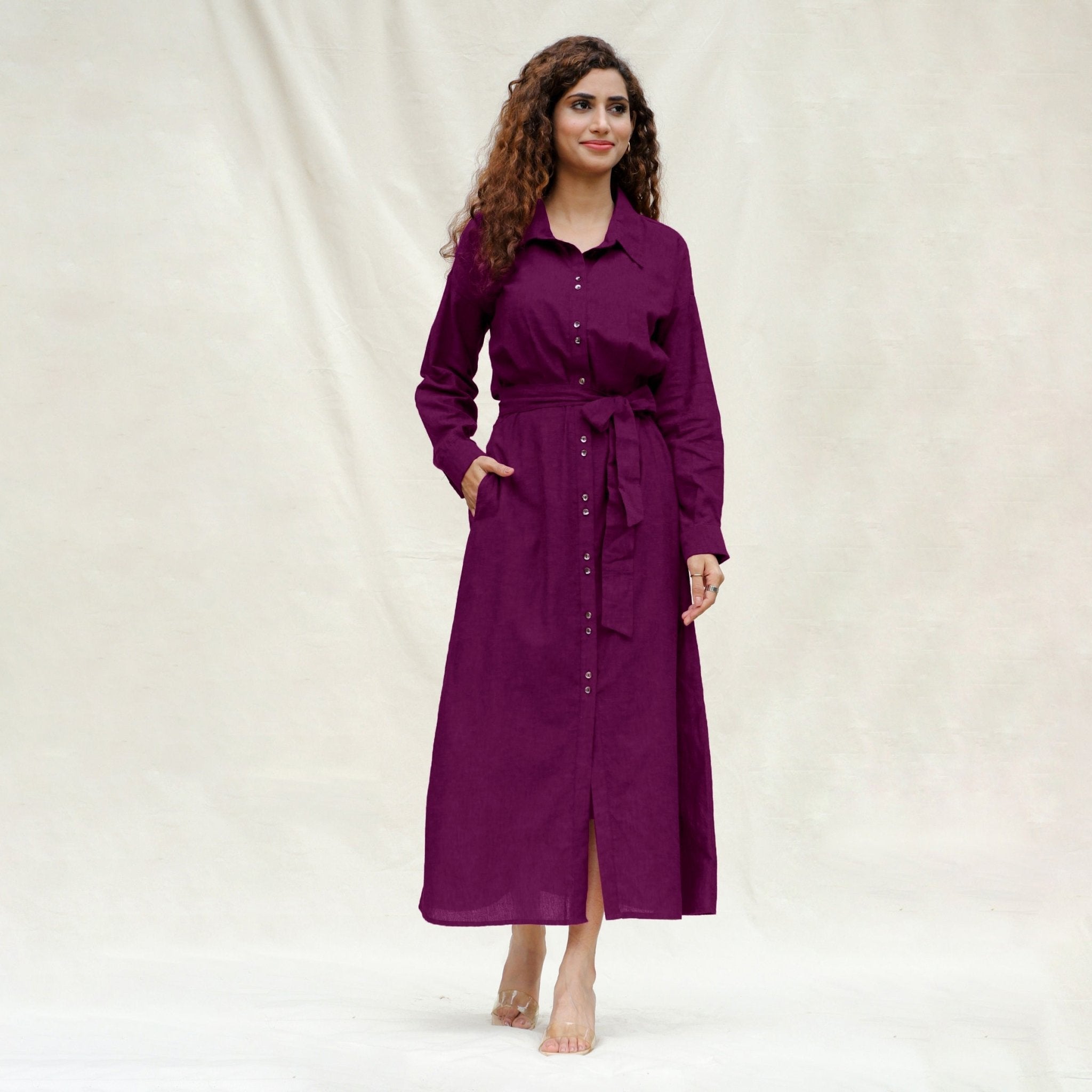 Magenta Yarn-Dyed Cotton Pleated Button-Down Maxi Dress