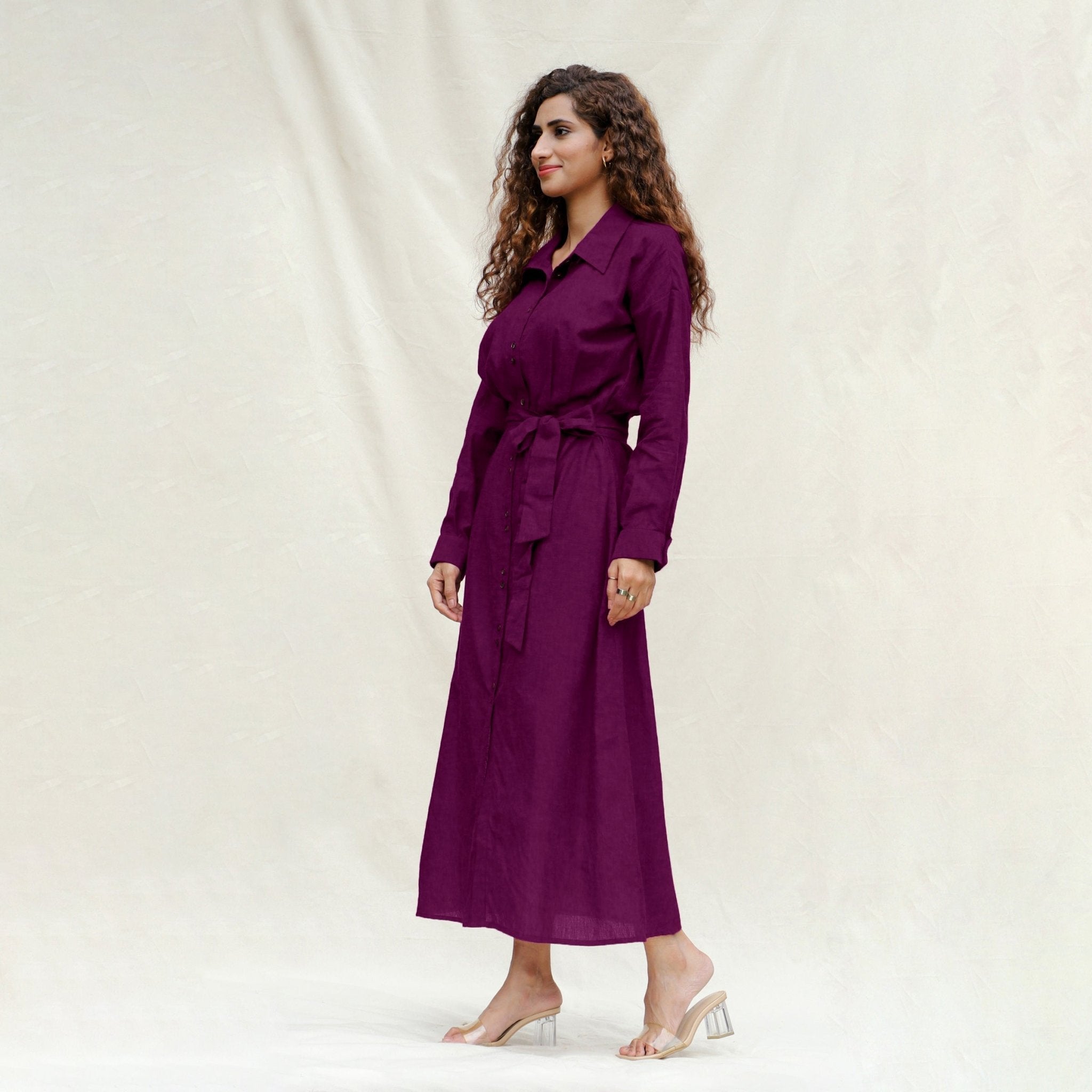 Magenta Yarn-Dyed Cotton Pleated Button-Down Maxi Dress