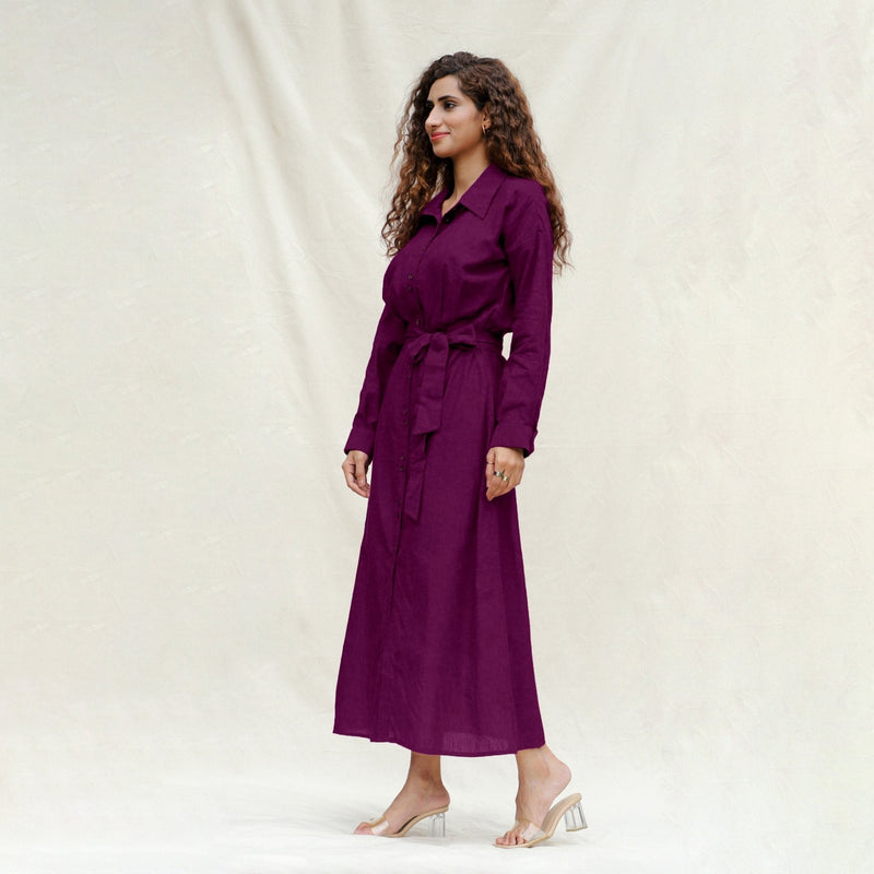 Magenta Yarn-Dyed Cotton Pleated Button-Down Maxi Dress