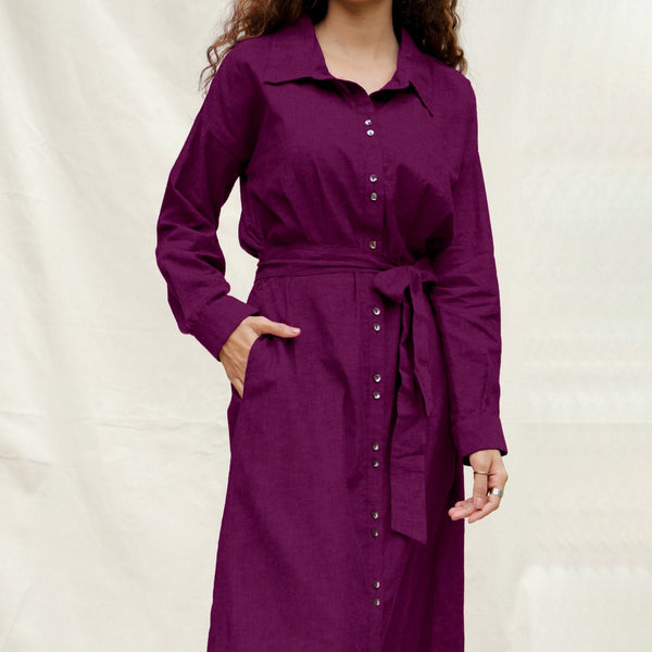 Magenta Yarn-Dyed Cotton Pleated Button-Down Maxi Dress