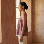 Magenta Yarn-Dyed Cotton Spaghetti Strap Top with Elastic Gathered Back
