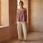 Magenta Yarn-Dyed Cotton Spaghetti Strap Top with Elastic Gathered Back