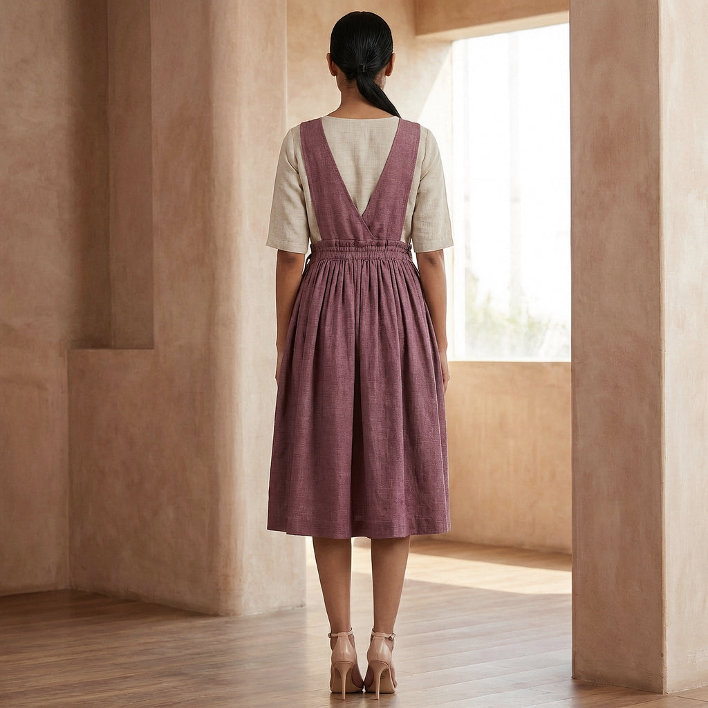 Magenta Yarn-Dyed Cotton V-Neck Pinafore Midi Wrap Dress