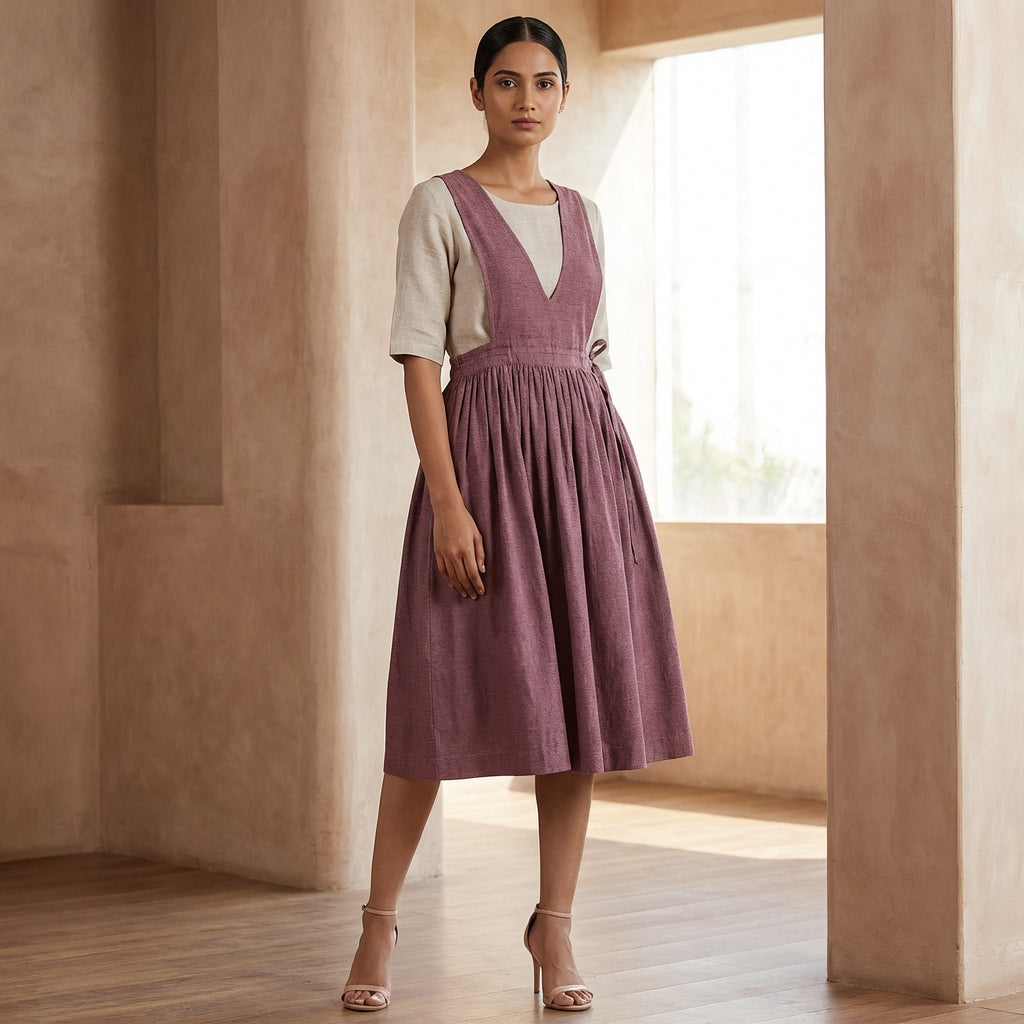 Magenta Yarn-Dyed Cotton V-Neck Pinafore Midi Wrap Dress