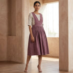 Magenta Yarn-Dyed Cotton V-Neck Pinafore Midi Wrap Dress
