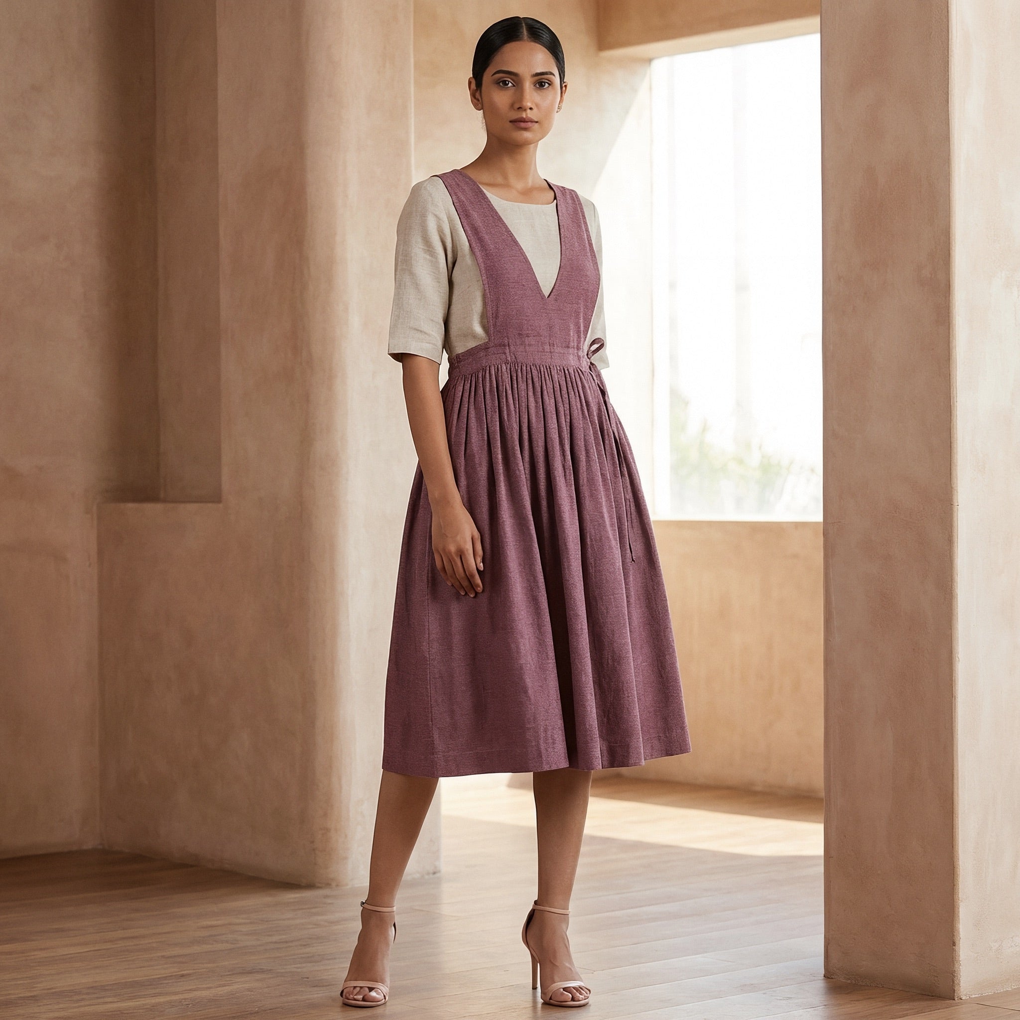 Magenta Yarn-Dyed Cotton V-Neck Pinafore Midi Wrap Dress