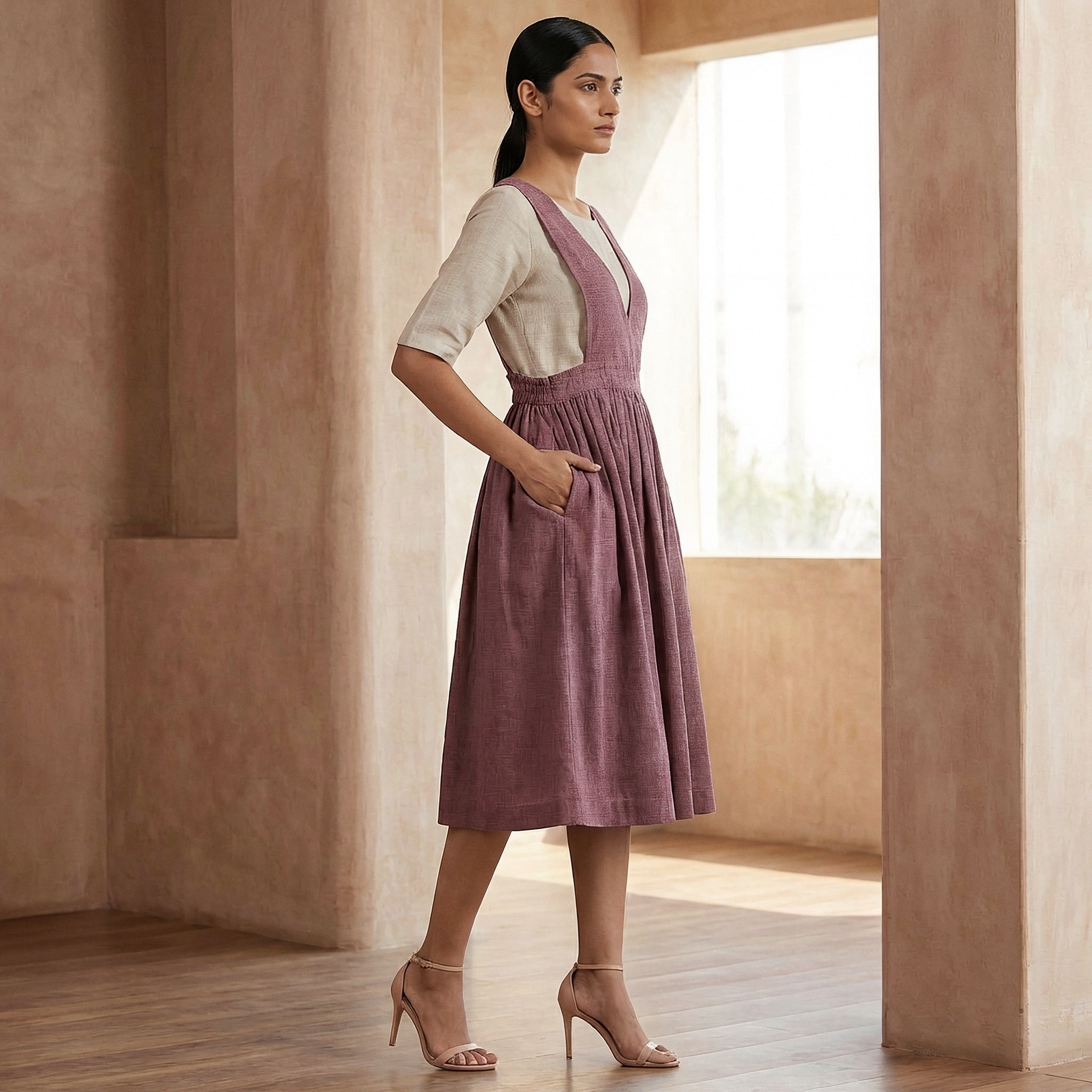 Magenta Yarn-Dyed Cotton V-Neck Pinafore Midi Wrap Dress