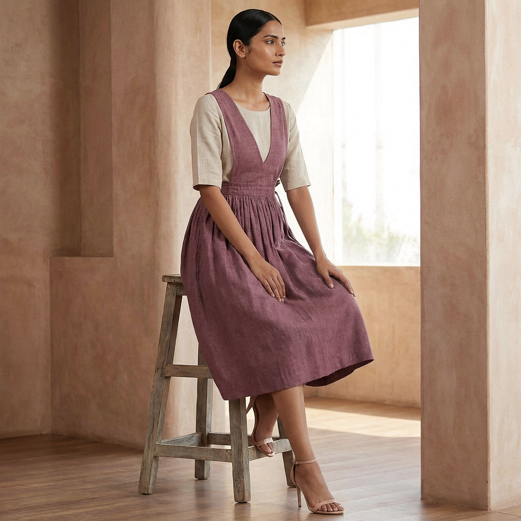 Magenta Yarn-Dyed Cotton V-Neck Pinafore Midi Wrap Dress