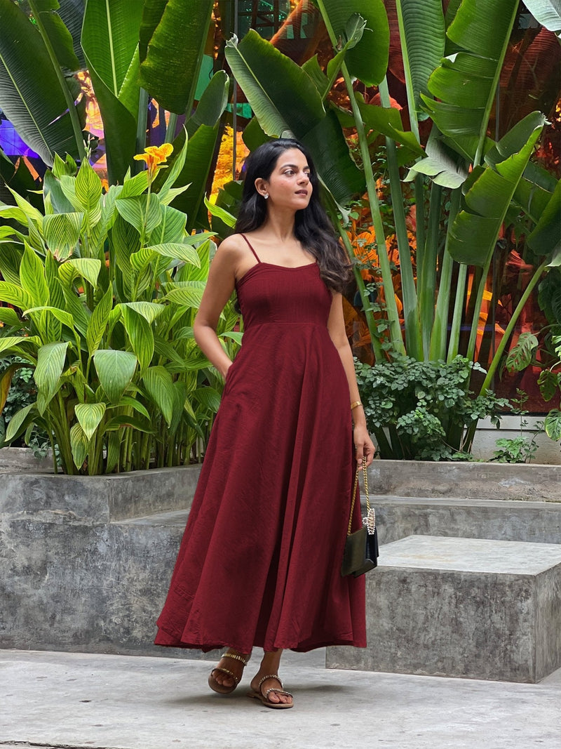 Maroon 100% Cotton Flared Sundress