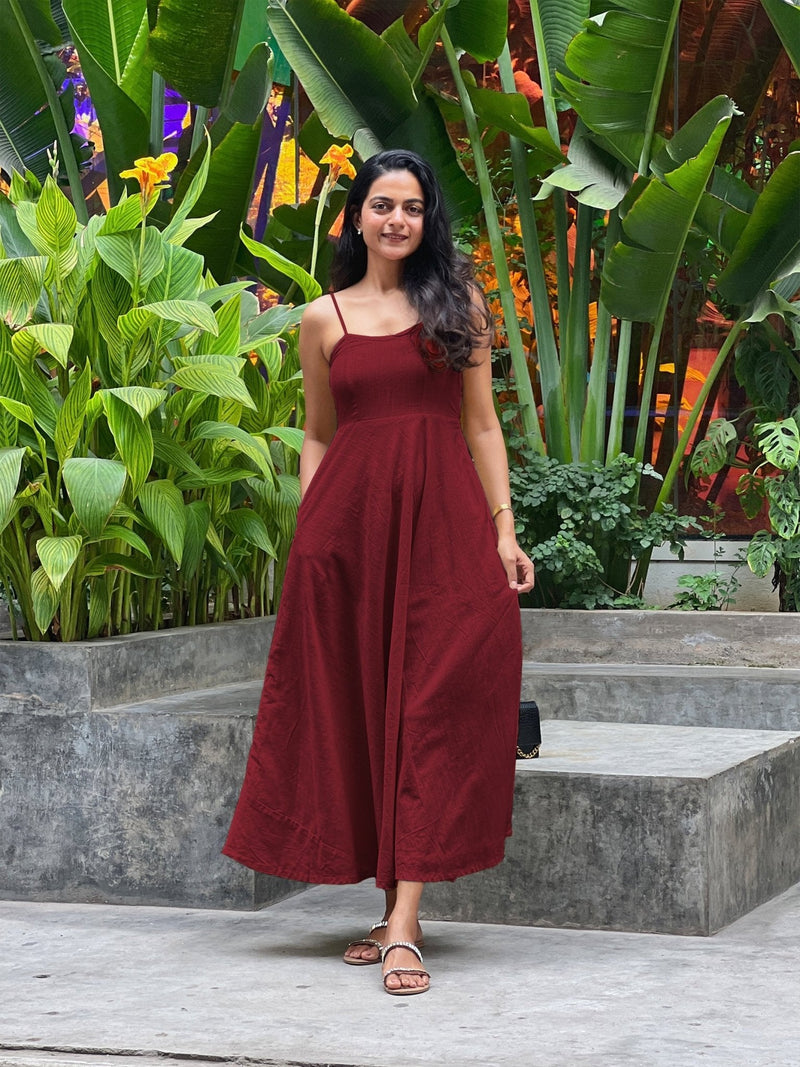 Maroon 100% Cotton Flared Sundress