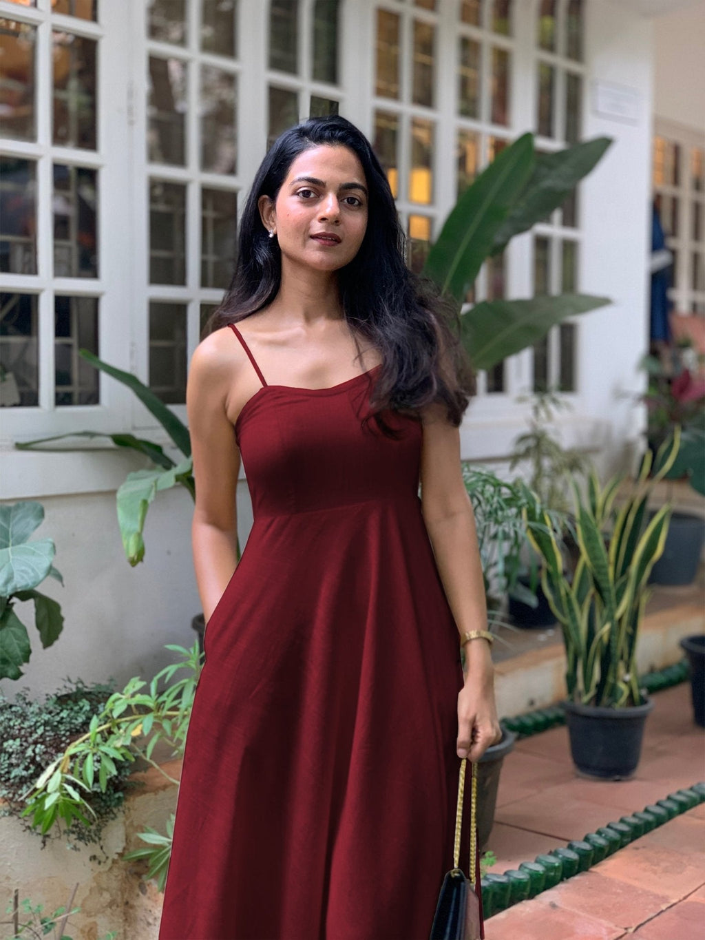Maroon 100% Cotton Flared Sundress