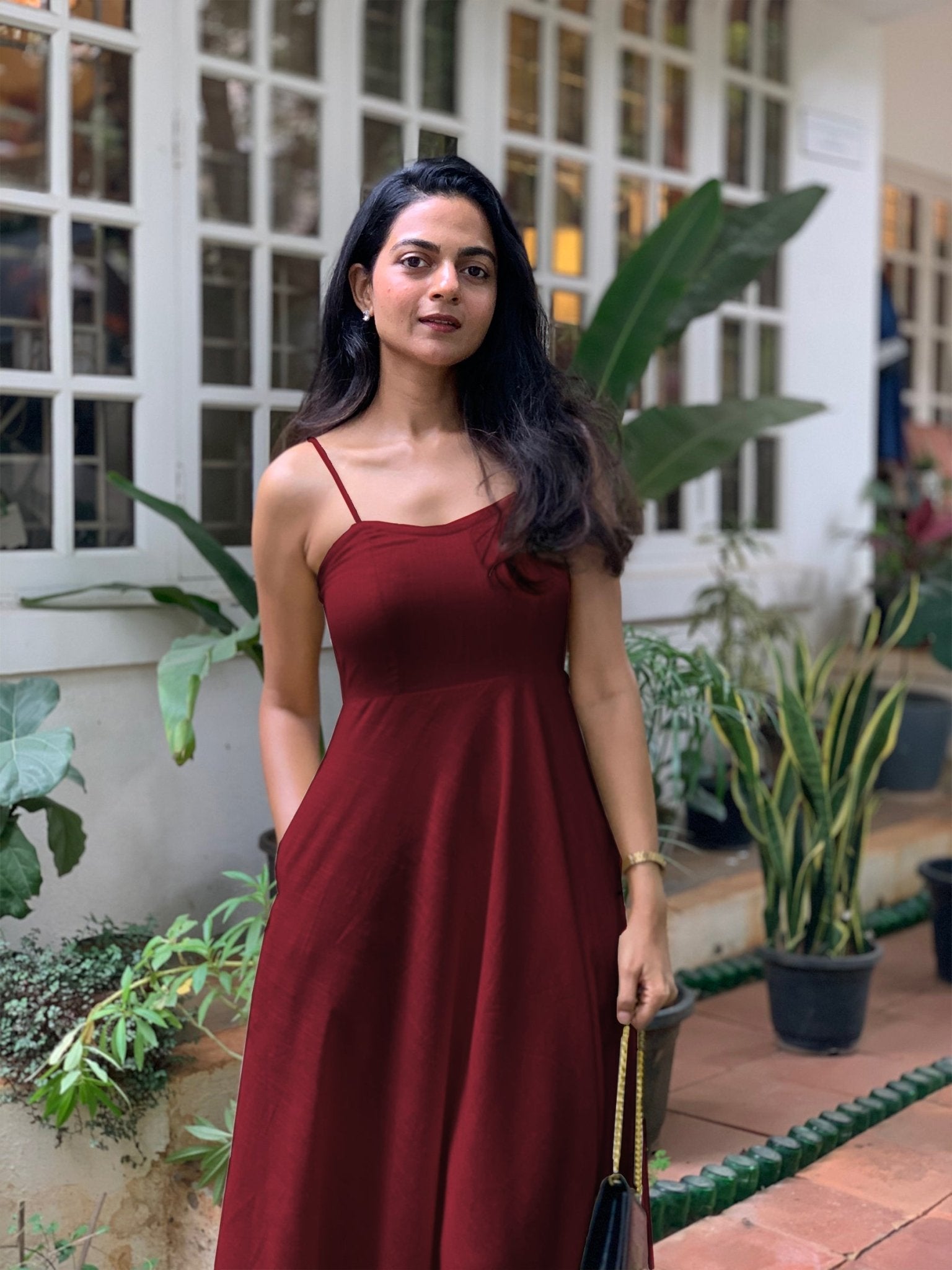 Maroon 100% Cotton Flared Sundress