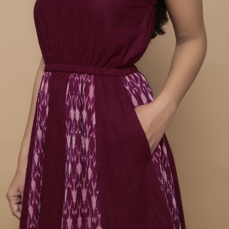 Front Detail of a Model wearing Maroon Ikat Handwoven Cotton Paneled Knee Length Dress