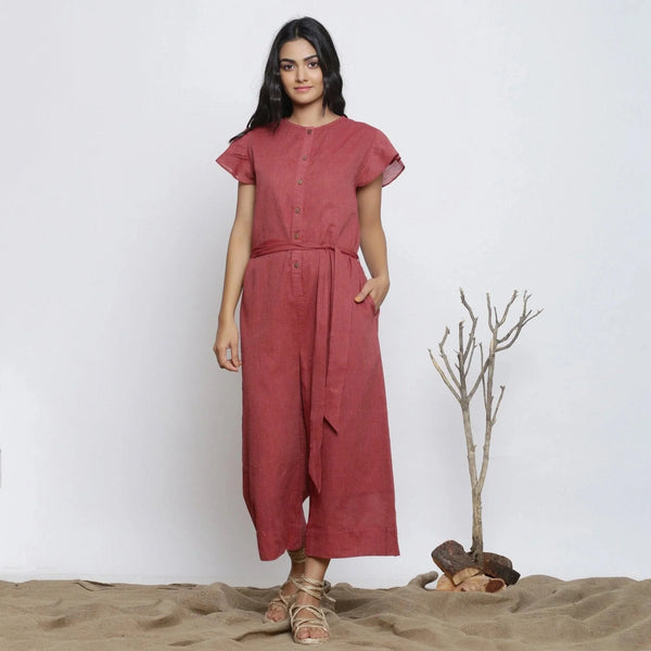 Front View of a Model wearing Button-Down Maroon Yoked Jumpsuit